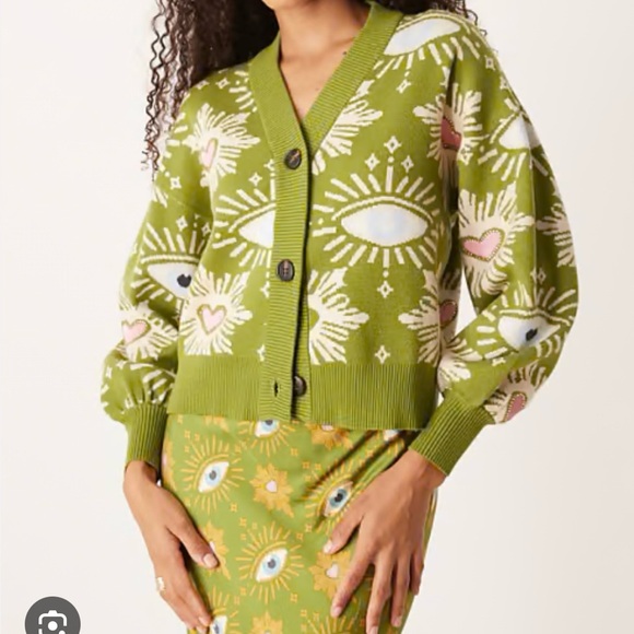 Green Eye Patterned Women's Sweater cardigan , brand new no tag - Picture 3 of 7